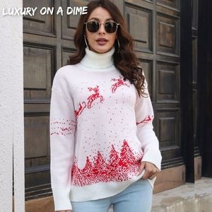 Knit Turtleneck Santa Reindeer Classy Winter Christmas Scene Chic Sweater Top
